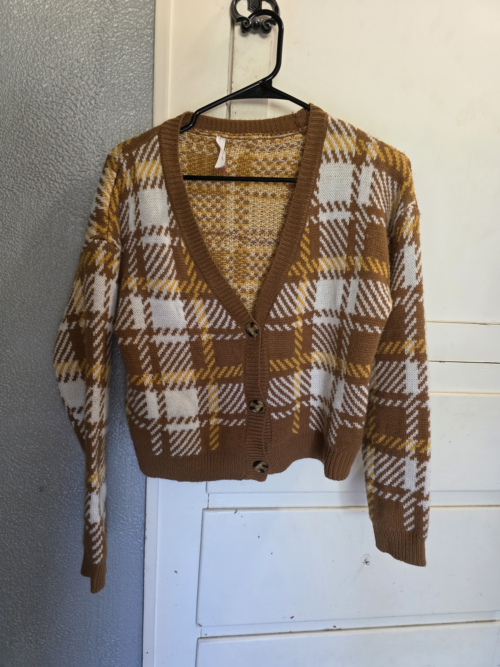 No Boundaries Brown, White & Mustard Plaid V-Neck Button Cardigan